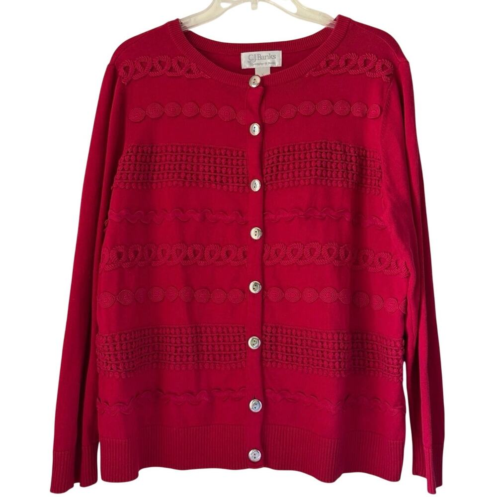 CJ Banks Cardigan Ribbon Embellishments Womens Size X Red Holiday Christmas